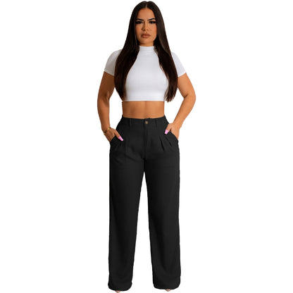 Pantalones casuales holgados, rectos y de color liso para mujer, de oficina y elegantes, a la moda