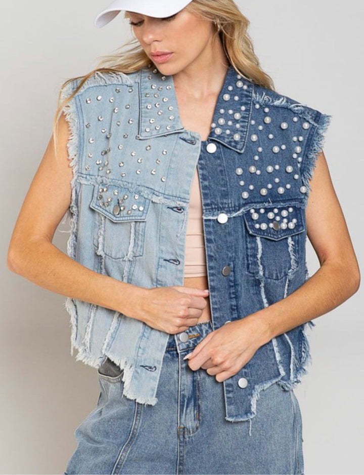 Chaleco vaquero con perlas y costuras informales a la moda para mujer Y2K