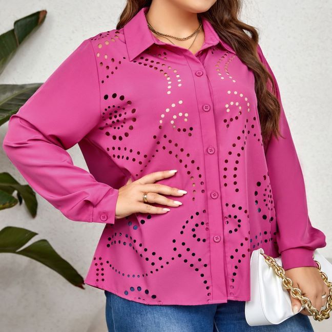 Women Plus Size Casual Office Elegant Hollow Shirt Loose Comfortable Lapel Solid Color Blouse