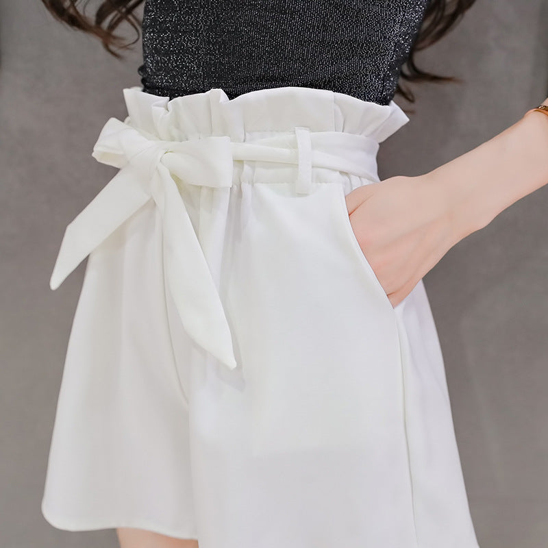 Women Fashion Casual Solid Color Lace-Up Wide-Leg Shorts