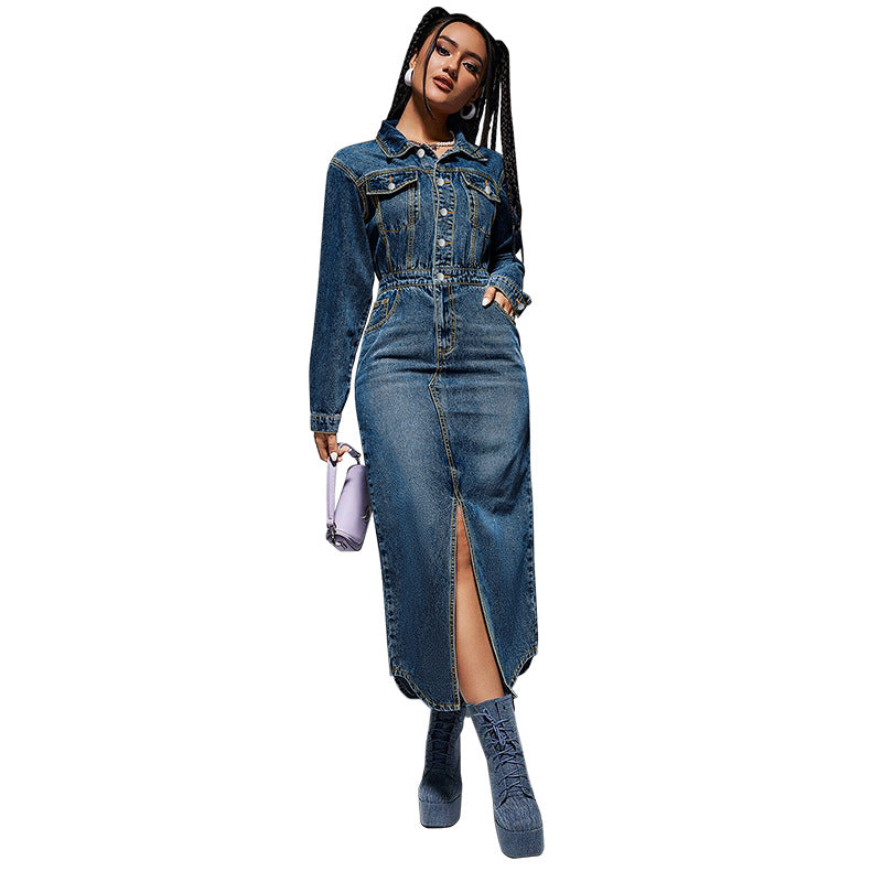 Women Fashion Casual Lapel Button Long Sleeve Split Denim Dress