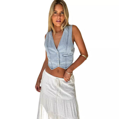 Women Fashion Casual V-Neck Denim Vest