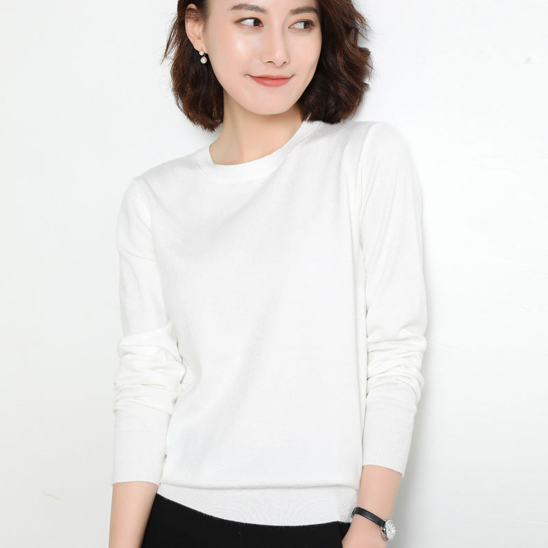 Women Simple Casual Solid Color Round Neck Long Sleeve Knitted Sweater
