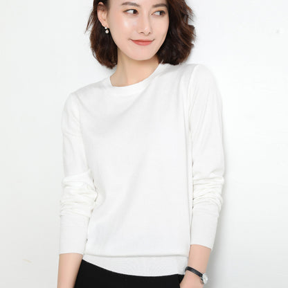 Women Simple Casual Solid Color Round Neck Long Sleeve Knitted Sweater