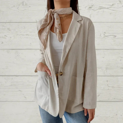 Women Casual Solid Color Cotton And Linen Lapel Button Blazer