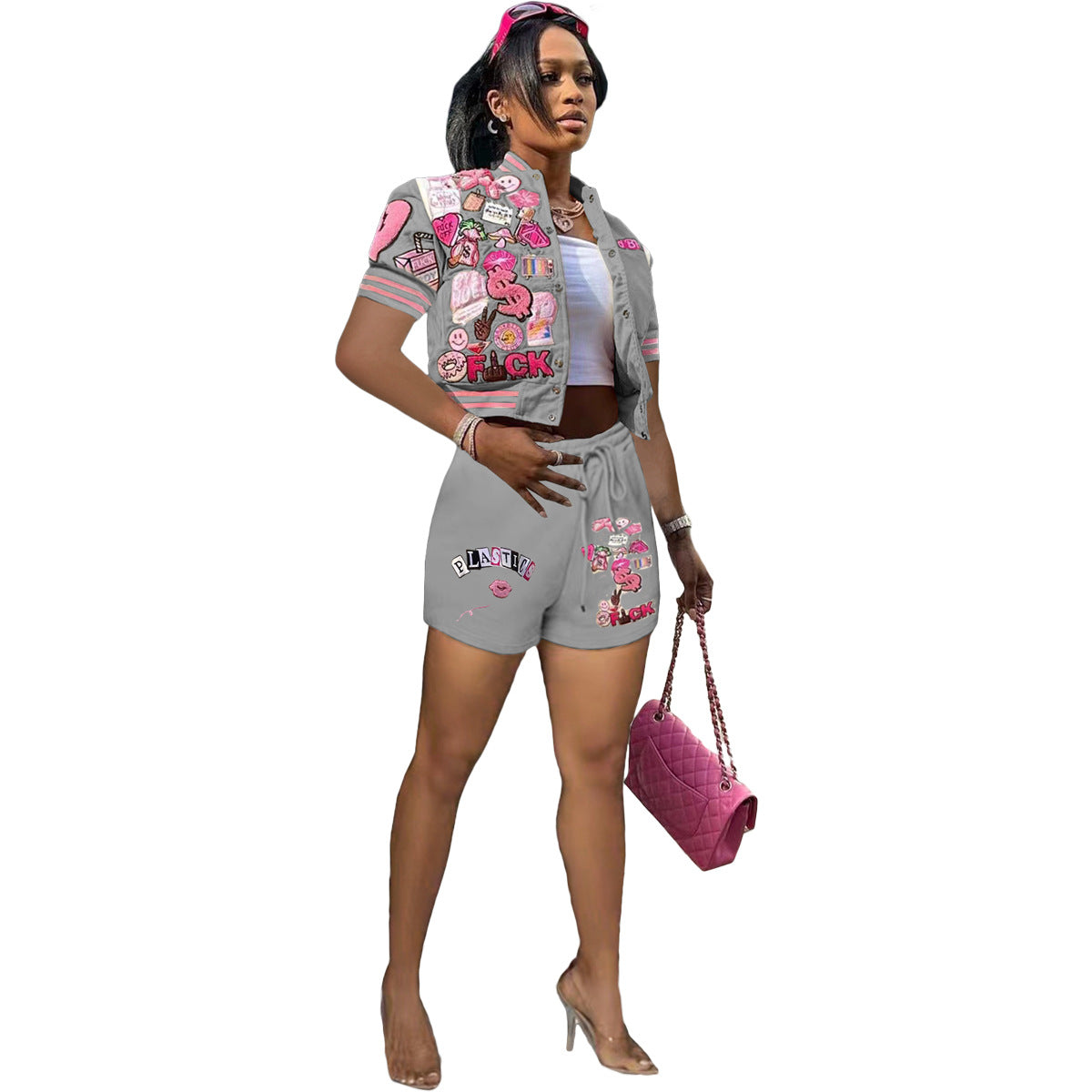 Fashion Ladies Casual Graphic Printing Short Sleeve Top Slim Fit Shorts Set
