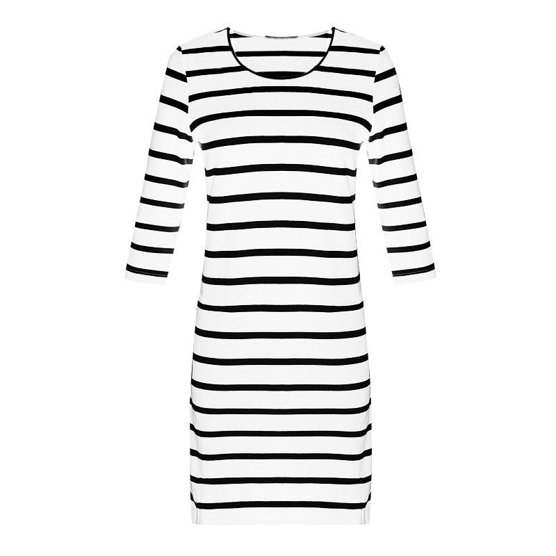 Women Casual Stripe Print Cropped Sleeve Dress