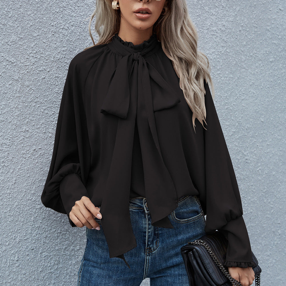Blusa holgada informal elegante de manga larga con cuello alto y lazo para mujer