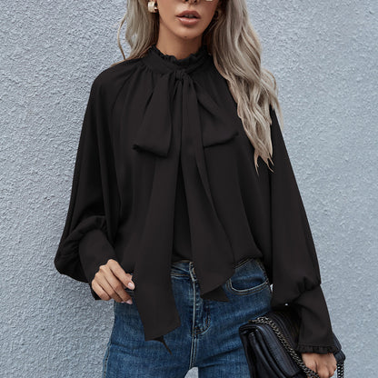 Blusa holgada informal elegante de manga larga con cuello alto y lazo para mujer