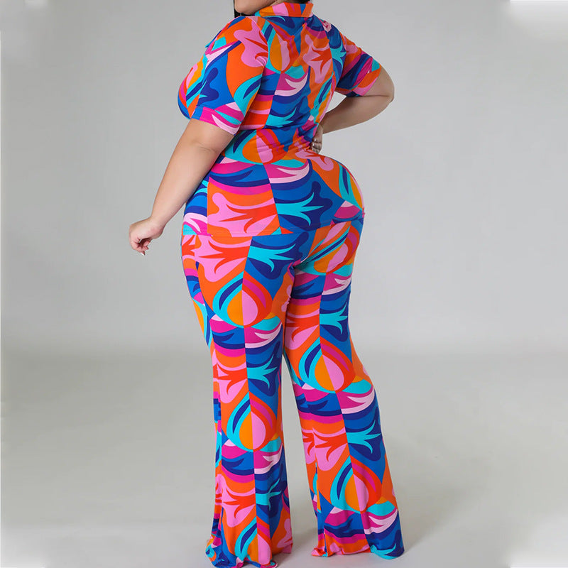 Women Casual Plus Size Fashion Color Blocking Graphic Printed Short-Sleeved Blouse Pants Two-Piece Set