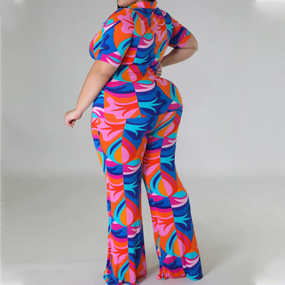 Women Casual Plus Size Fashion Color Blocking Graphic Printed Short-Sleeved Blouse Pants Two-Piece Set