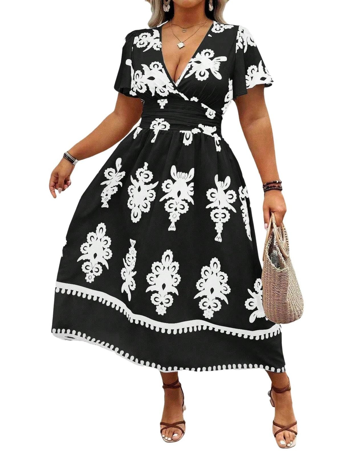 Women Fashion Casual Plus Size Geometric Print V-Neck Short-Sleeve Dress