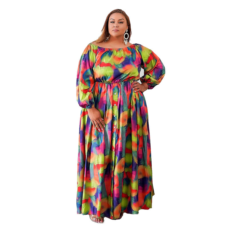 Women Fashion Casual Tie-Dye Printing Long Sleeve Large Size Dress