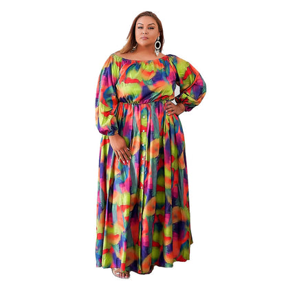 Women Fashion Casual Tie-Dye Printing Long Sleeve Large Size Dress