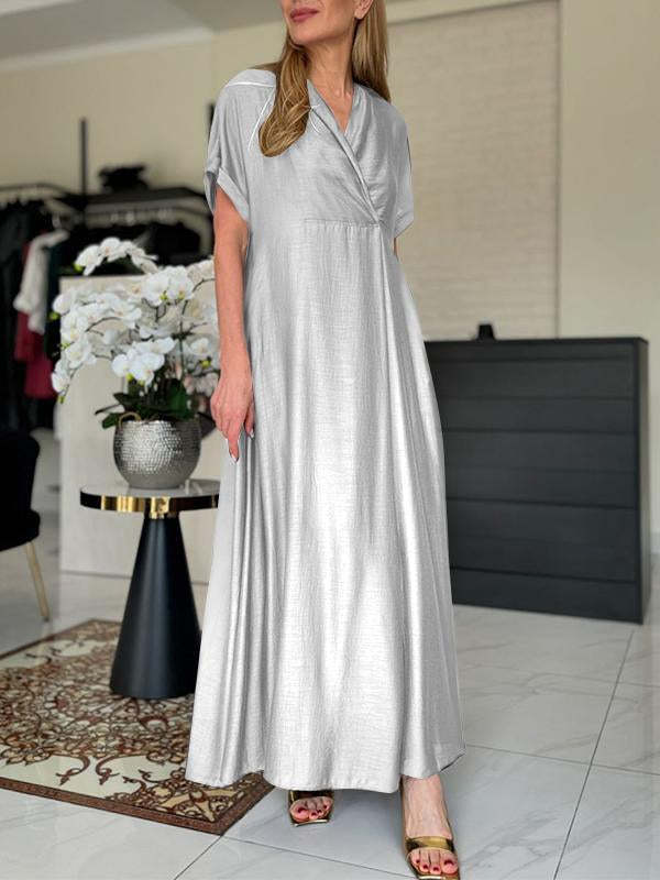 Women Casual Loose Solid Color V-Neck Short Sleeve Dress