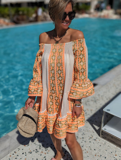 Fashion Boho Vintage Women Flare Sleeve Vacation Off-Shoulder Casual Loose Dress