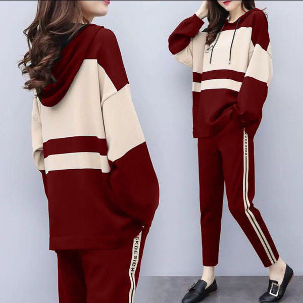 Women Fashion Casual Loose Color Blocking Drawstring Hoodies Slim-Fit Pants 2pcs Set