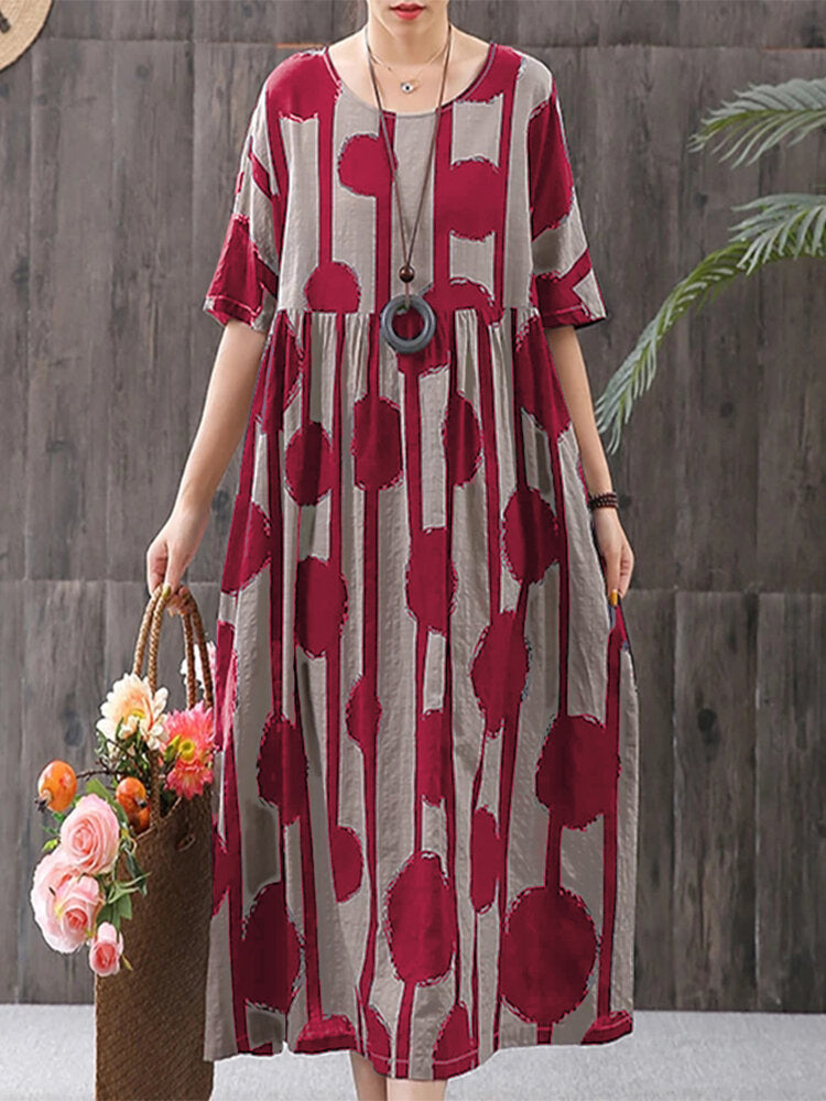 Women Casual Elegant Polka Dot Print Round Neck Short Sleeves Plus Size Loose Dress