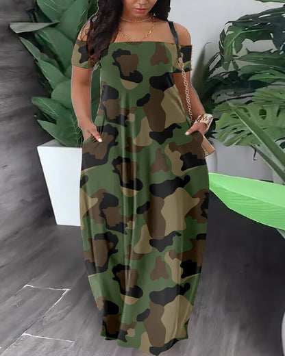 Women Casual Fashion Short Sleeve Off-Shoulder Graphic Printed Maxi Dress