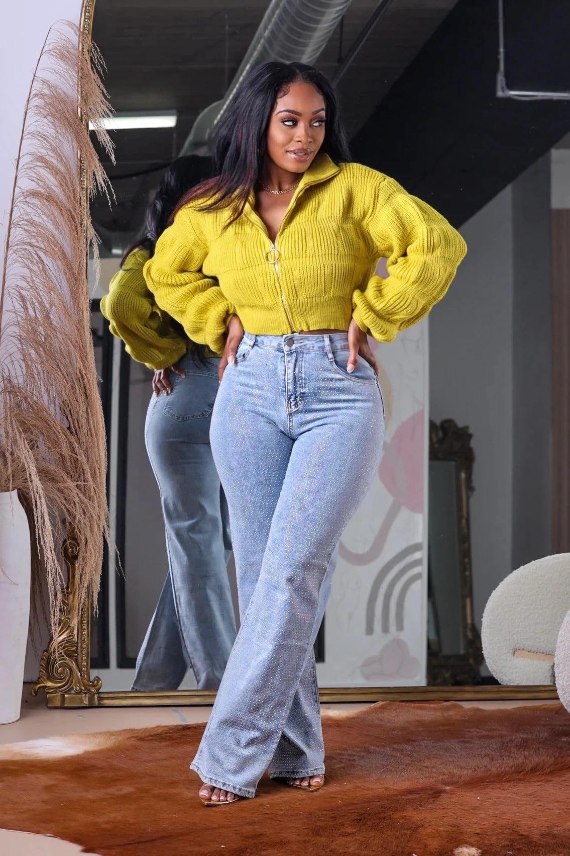 Women Casual Loose Solid Color Zipper Lapel Knitted Sweater