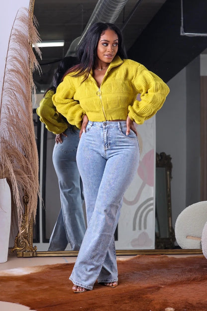 Women Casual Loose Solid Color Zipper Lapel Knitted Sweater