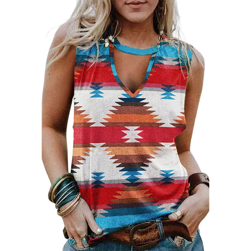 Top sin mangas con estampado geométrico y cuello en V informal para mujer de estilo occidental