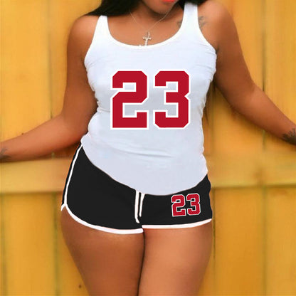 Conjunto de 2 piezas de camiseta sin mangas con cuello redondo y pantalones cortos holgados con estampado digital de color sólido informal para mujer