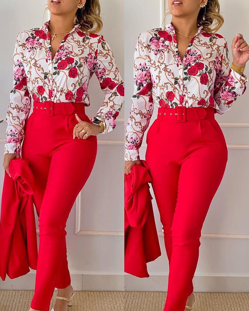 Blusa informal de manga larga con solapa y estampado floral para mujer, pantalones ajustados de dos piezas