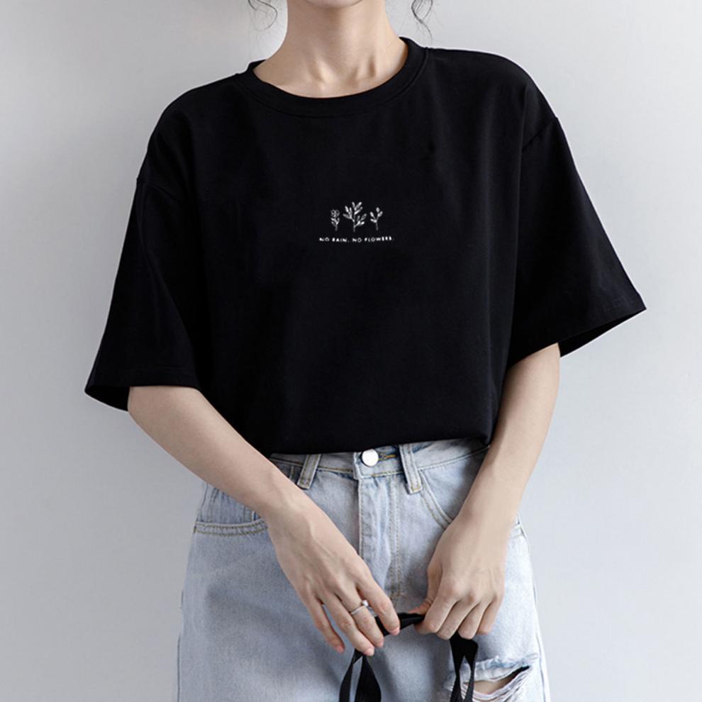 Camiseta informal de verano para mujer con estampado de plantas, cuello redondo y manga corta