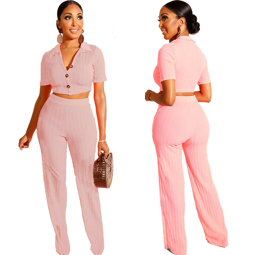 Conjunto de dos piezas de top corto de punto informal con solapa y manga corta para mujer