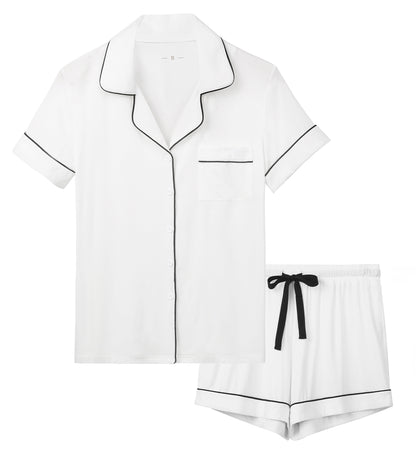 Pijama de dos piezas de verano para mujer, transpirable, informal, con solapa y manga corta.