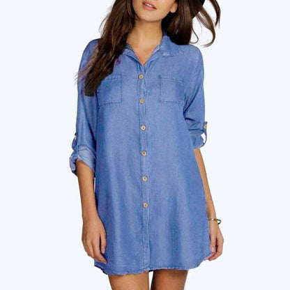 Camisa vaquera de manga larga con solapa y botones informal para mujer