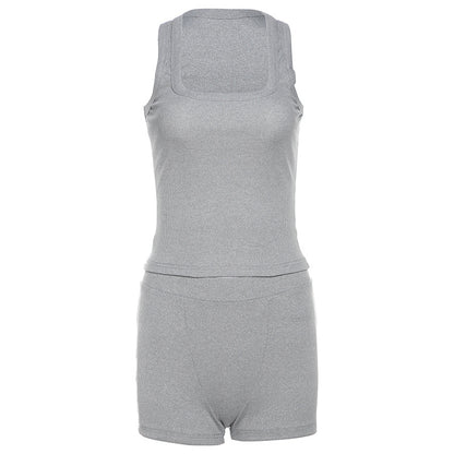 Conjunto de dos piezas formado por camiseta sin mangas y pantalones cortos de cintura alta, cuello redondo, color liso e informal, para mujer