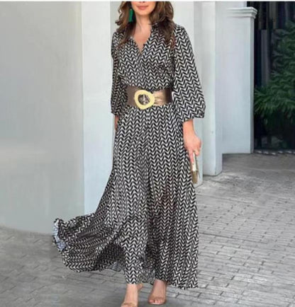 Vestido maxi informal de manga larga con cuello en V y cordones con pequeñas flores para mujer