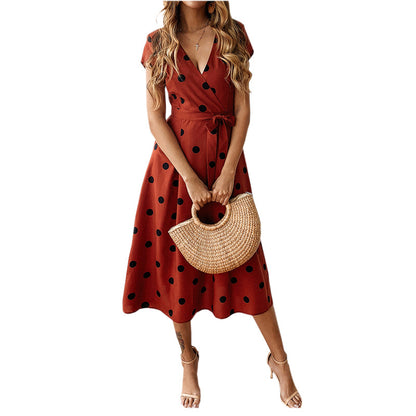 Fashion Casual Loose Dot Printed V-Neck Short-Sleeve Lace-Up Dress