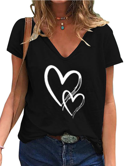 Camiseta informal de manga corta con cuello en V y estampado de corazón para mujer