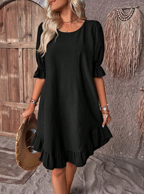 Summer Women Fashion Casual Solid Color Cotton Linen Round Neck Short Sleeve Dress