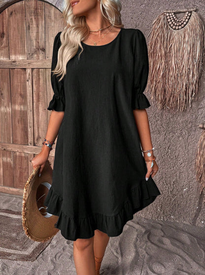 Summer Women Fashion Casual Solid Color Cotton Linen Round Neck Short Sleeve Dress