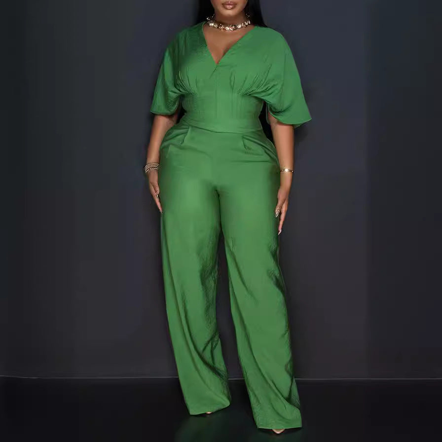 Women Casual Loose Solid Color V-Neck Short-Sleeve Jumpsuits