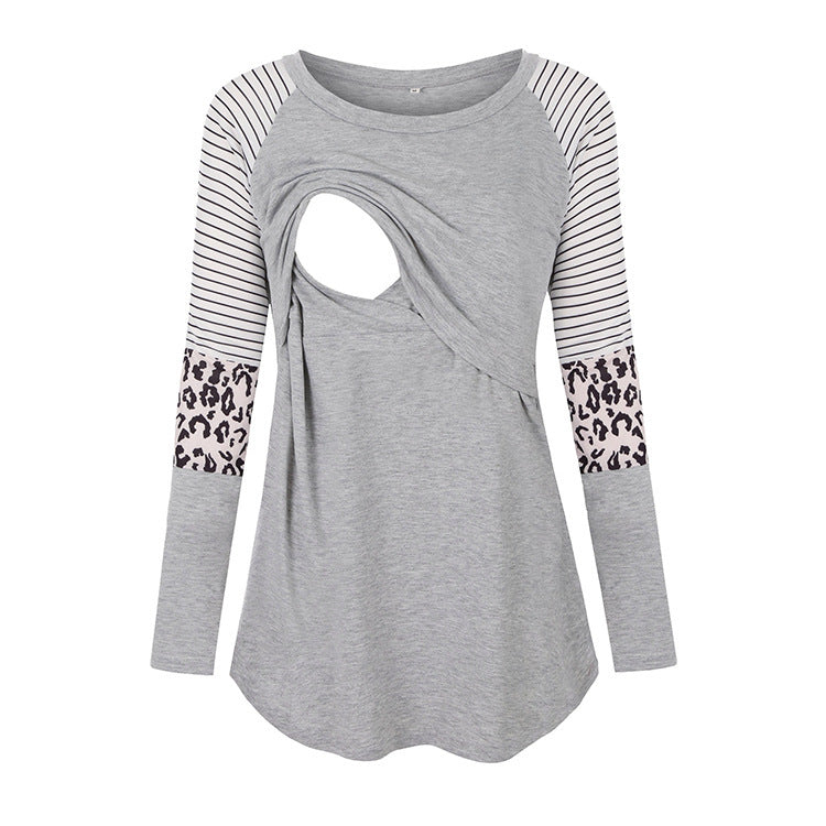 Camiseta de lactancia materna de manga larga con cuello redondo y estampado de rayas de leopardo para embarazadas