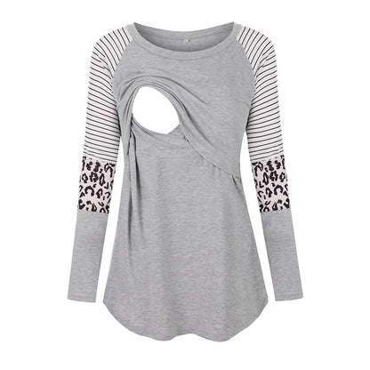 Camiseta de lactancia materna de manga larga con cuello redondo y estampado de rayas de leopardo para embarazadas