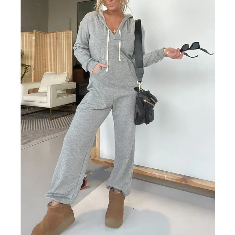Women Fashion Casual Solid Color Long Sleeve Hoodie Jumpsuits