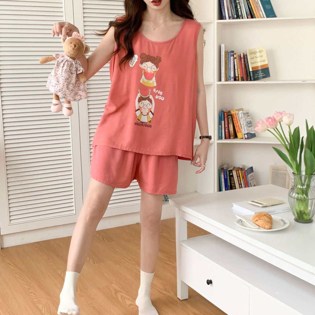 Conjunto de pijama de dos piezas de algodón y seda con camiseta sin mangas estampada informal para mujer