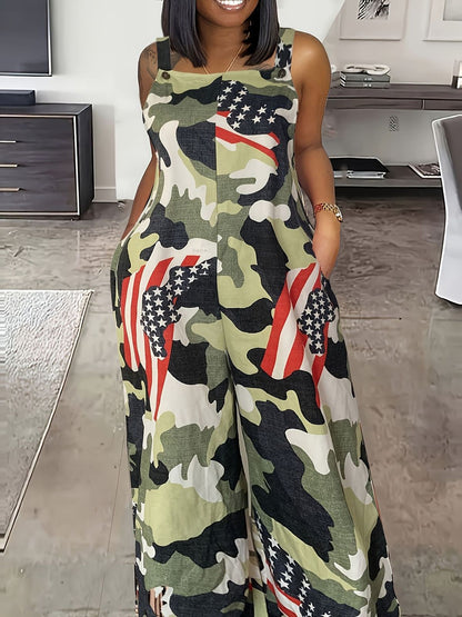 Women Fashion Casual Plus Size Digital Printing Flag Element Sleeveless Jumpsuit