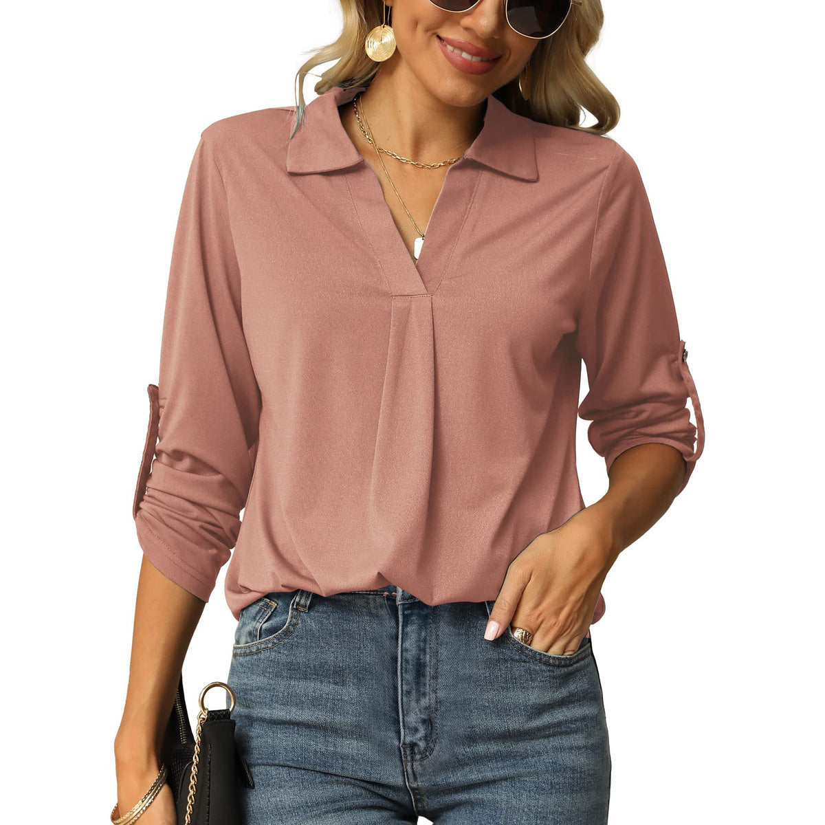 Blusa informal de manga larga con cuello en V y color liso para mujer