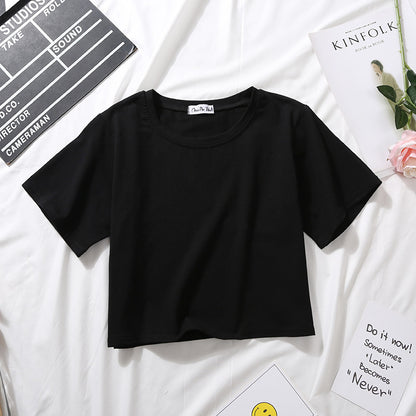 Camiseta básica de verano para mujer, de manga corta, color liso, con cuello redondo y cintura alta, informal, holgada