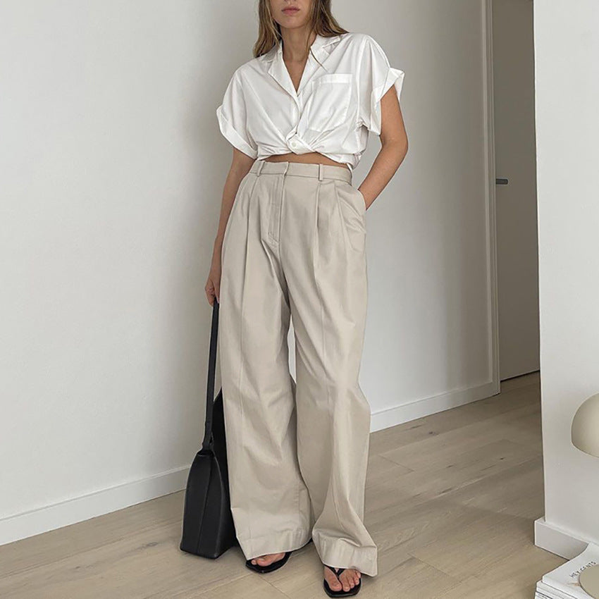 Pantalones de traje de pierna ancha y cintura alta de color sólido informales a la moda para mujer