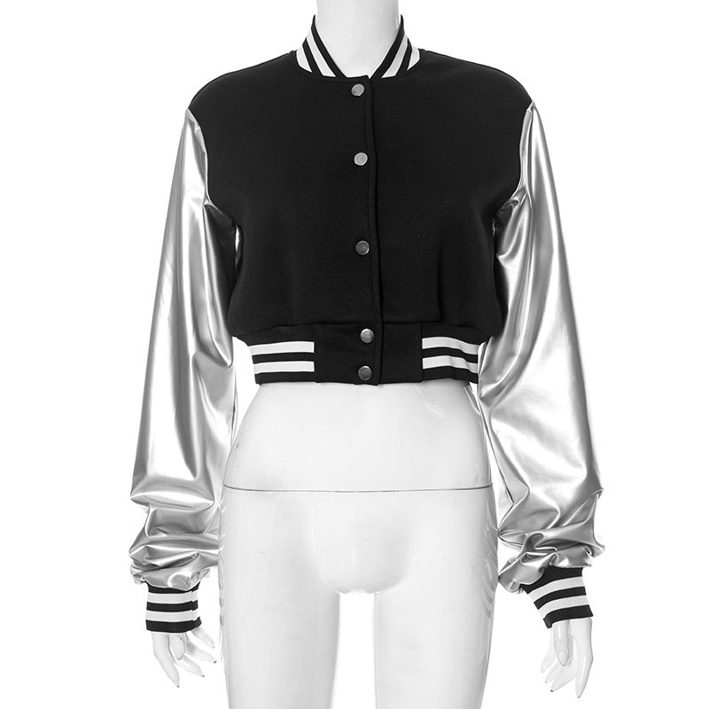 Abrigo de béisbol informal de color liso con cierre a presión y manga larga con costuras de PU para mujer