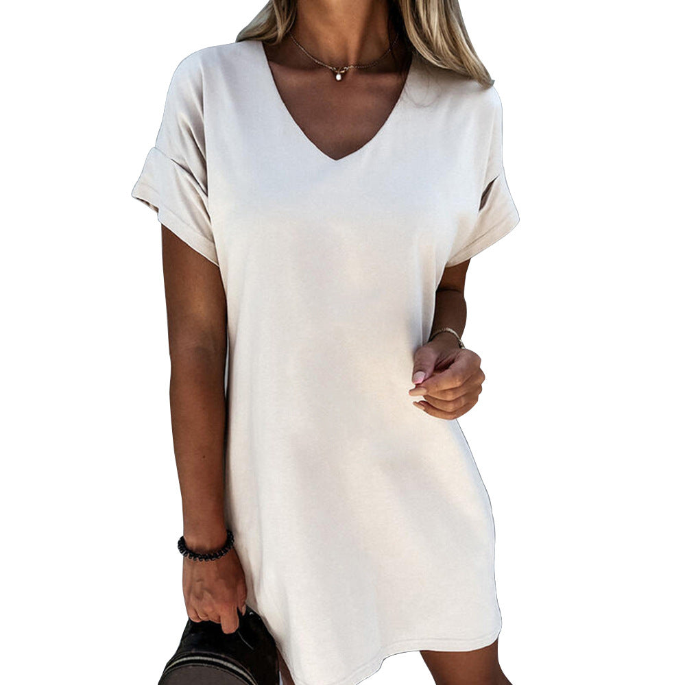 Casual Office Chic Women Solid Color V Neck Short Sleeve Loose Dress