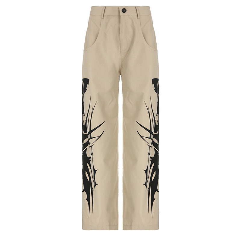 Women Personality Ink Painting Pattern Casual High Waist Drape Straight Pants